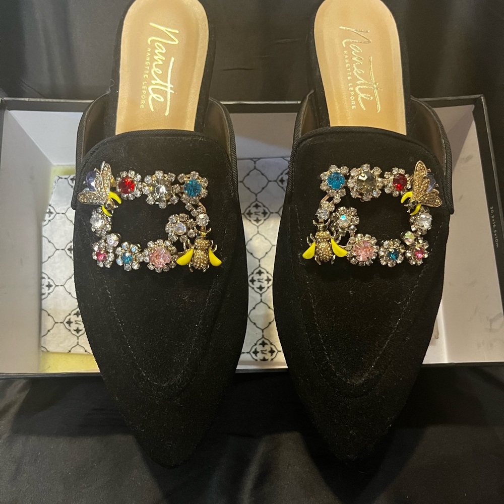 Nannette Black Mules with Jewel Accents